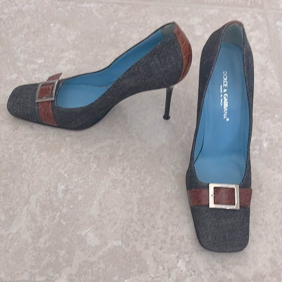Dolce Gabbana womens size EU38 US8 heels jean fabric brown leather like new - Picture 3 of 9